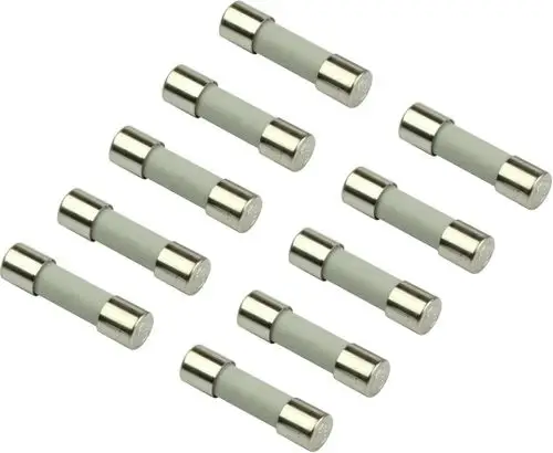 Mehrere Sicherungseinsätze von Bosch, zylindrische Form mit metallischen Enden, auf einer hellen Oberfläche angeordnet.
